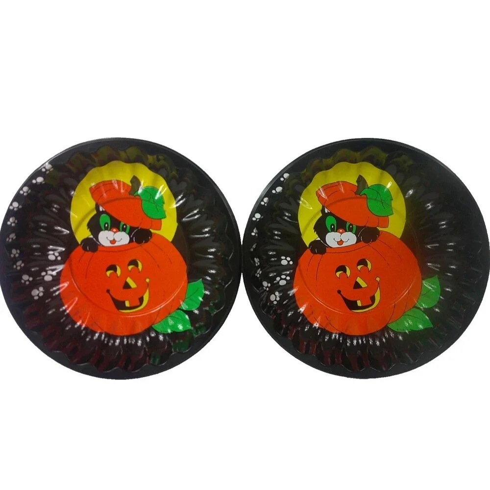 2x Pumpkin Cat Halloween Tray Ribbed Vintage Plastic 9.5